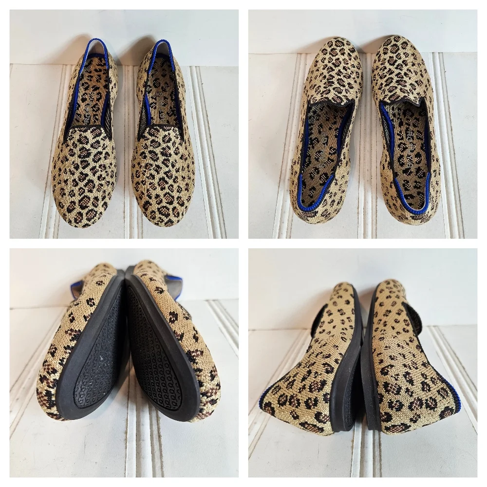 Rothy's The Loafer Size 6 Spotted Leopard Knit Washable Slip On Flats Tan Black